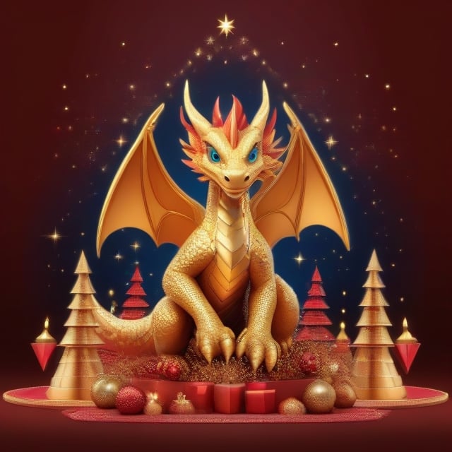 A Christmas-themed golden dragon holding the pyramids, the dragon has shiny scales and a red mane, it is surrounded by Christmas decorations such as lights and stars. ,Oriental Dragon,Disney pixar style,<lora:659095807385103906:1.0>