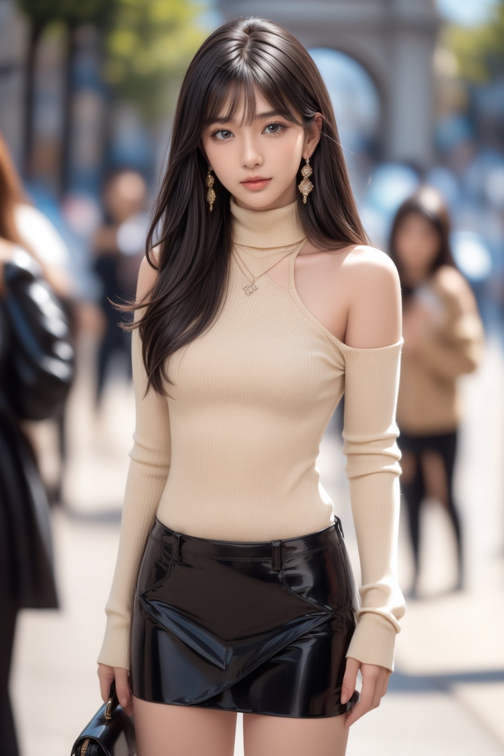 background is street,the Arc de Triomphe,triumphal arch,Paris,
18 yo, 1 girl, beautiful korean girl,
wearing tight black sweater(turtle neck,simple),tight leather short skirt,black long boots,shoulder bag, smile, solo, {beautiful and detailed eyes}, dark eyes, calm expression, delicate facial features, ((model pose)), Glamor body type, (dark hair:1.2), simple tiny earrings, simple tiny necklace,very_long_hair, hair past hip, bangs, curly hair, flim grain, realhands, masterpiece, Best Quality, 16k, photorealistic, ultra-detailed, finely detailed, high resolution, perfect dynamic composition, beautiful detailed eyes, eye smile, ((nervous and embarrassed)), sharp-focus, full_body, cowboy_shot,