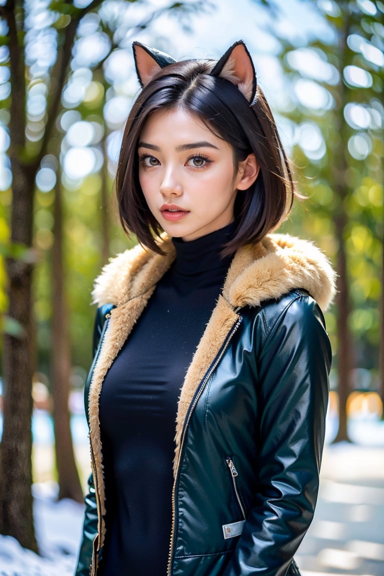 black tapered short pixie cut, eyeshadow, red lipstick, green eyes, Taiwanese woman, covered in snow, leaning on her black motorbike, confident, ready for adventure, assertive poise, side view, wearing a grey thick fur coat and form fitting black glossy turtleneck bodysuit, red goggles, cat ears, fur trees, winter, day time, clouds, shiny black helmet, overcast, holding black shiny helmet ag