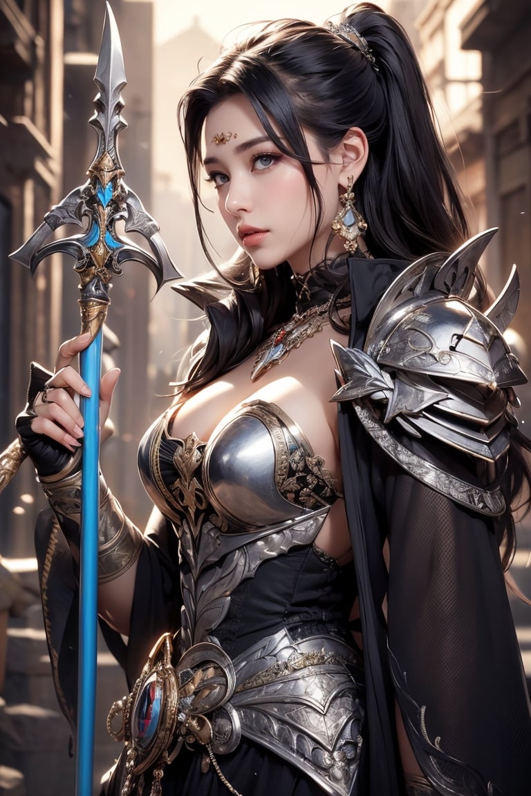 1girl, solo, black hair, holding, jewelry, weapon, earrings, holding weapon, armor, polearm, spear