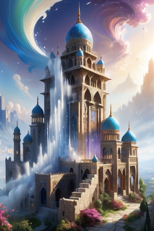 Build a mosque, Great castle, art photography, impressionism, an airbrush painting, masterpiece 8k wallpapper, visionary art style, depth of field, 64 megapixels, detailed painting, splash art, atmospheric dreamscape painting, intricate ornate anime cgi style focus, an oil painting