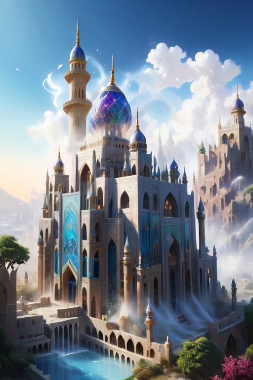 Build a mosque, Great castle, art photography, impressionism, an airbrush painting, masterpiece 8k wallpapper, visionary art style, depth of field, 64 megapixels, detailed painting, splash art, atmospheric dreamscape painting, intricate ornate anime cgi style focus, an oil painting