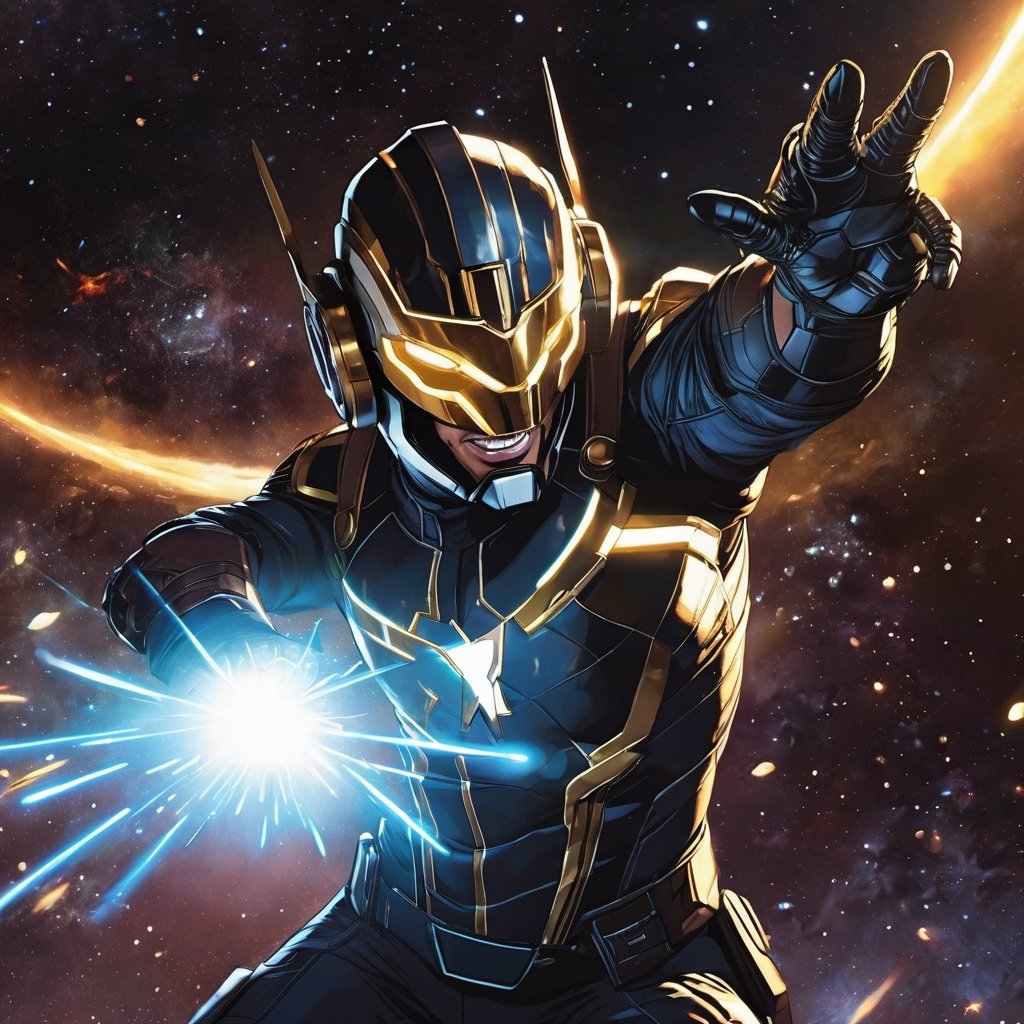 nova from marvel comics, a male person, with helmet, dark suit, stars, space, planet xandar, open mouth, shooting rays from his hands,LegendDarkFantasy,cyberpunk style