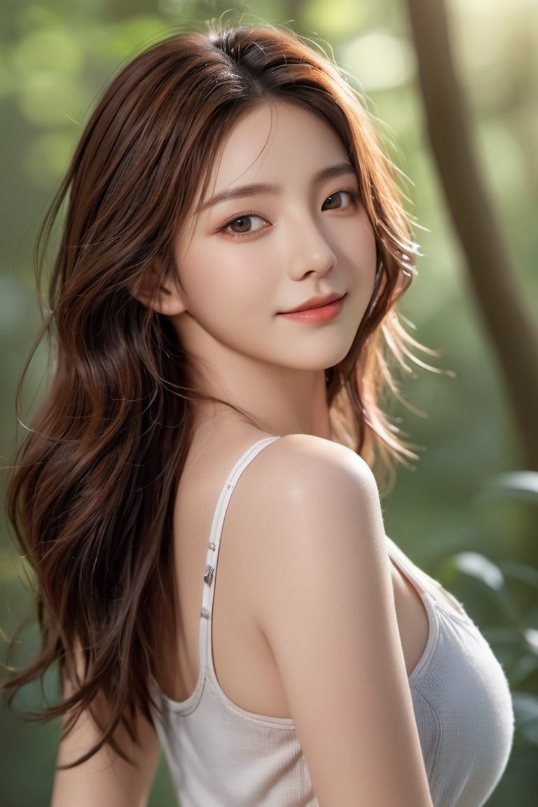 (masterpiece, Best Quality, photorealistic, ultra-detailed, finely detail, high resolution, 8K wallpaper), a close-up portrait of 1 beautiful woman, standing in the forest, have a big stretch in the morning, facing the sunshine, smiling happily, light-brown messy long hair, untidy hair, in silver tank top, armpits, sharp-focus, large-sized breasts, cleavage, perfect dynamic composition, beautiful detailed eyes, detailed hair, detailed realistic skin texture, strong morning sunlight, korea, ,xxmix_girl,korean girl,aesthetic portrait,LinkGirl