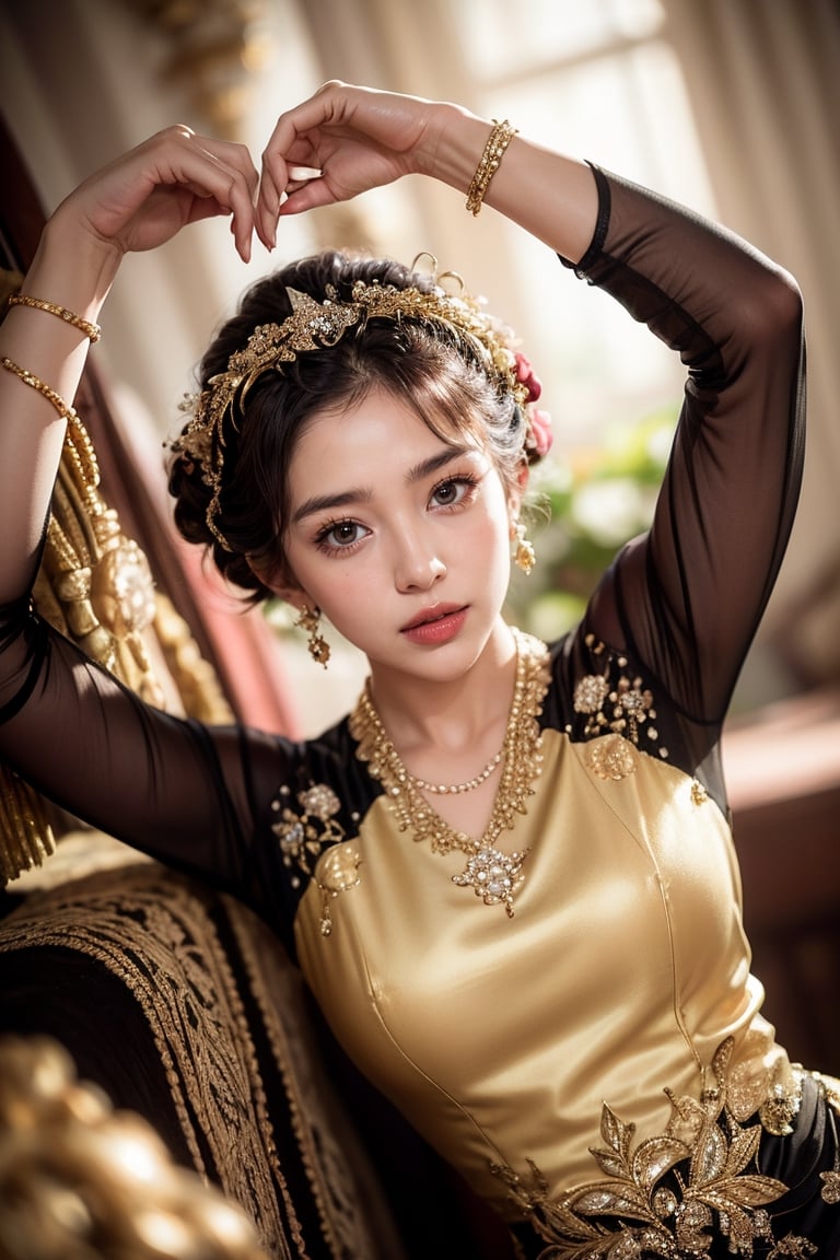 photography, woman,  close up of java wedding woman in black kebaya dress traditional and batik skirt, looking at viewer, jewerly and hair on hair, red lipstick, golden necklace, earrings, ornate, detail, flowers, blurry background, soft focus kebaya