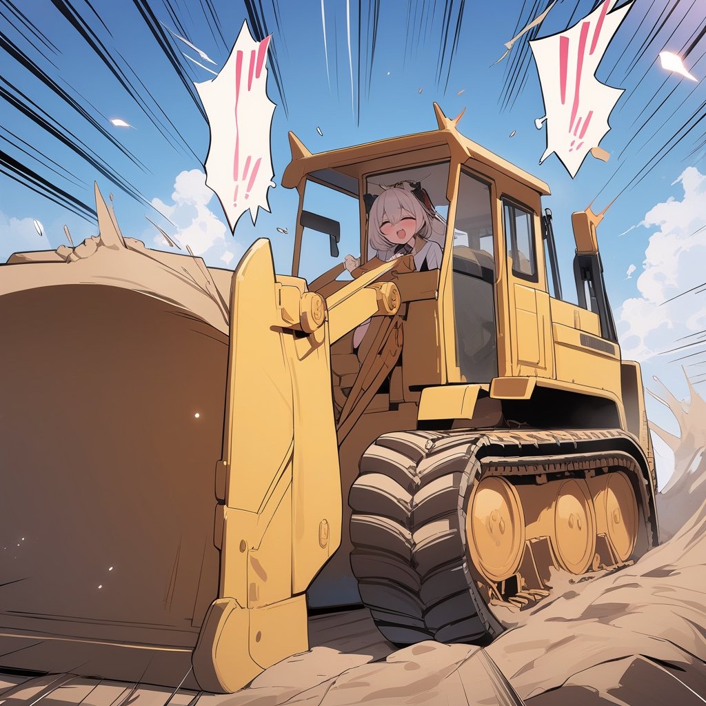 masterpiece, best quality, 1girl on bulldozer, sky, emphasis lines