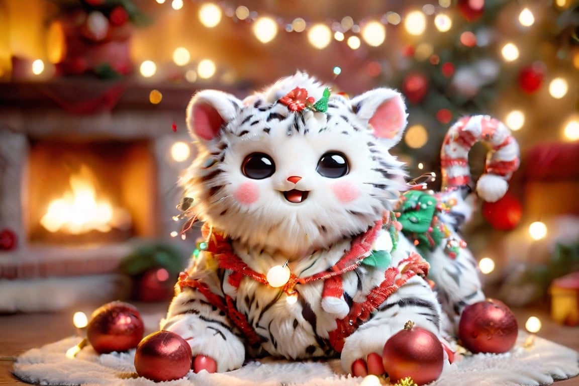 The image depicts a cozy living room setting with ,a white Tiger cuband a brown tiger cub wear pyjamas,sitting in a chair next to a fireplace. There are strings of lights hanging from the ceiling, creating a warm and inviting atmosphere.