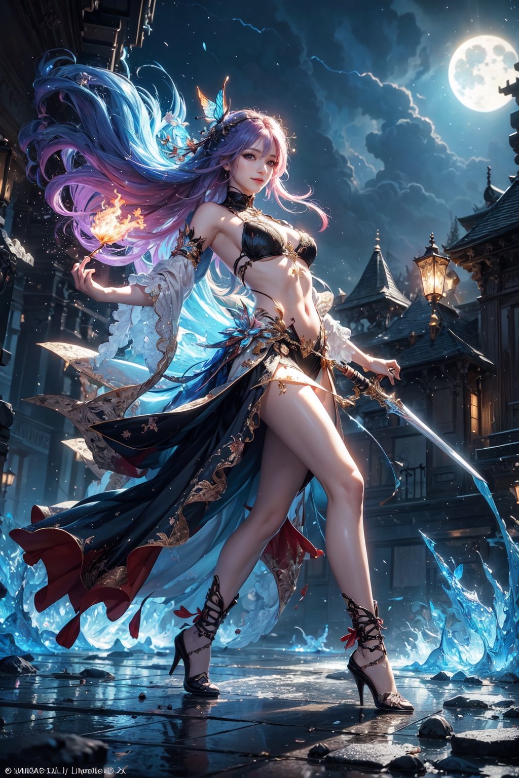 (masterpiece, top quality, best quality, official art, beautiful and aesthetic:1.2), (1girl), extreme detailed,(abstract, fractal art:1.3),colorful hair,highest detailed, detailed_eyes, fire, water, ice, lightning, light_particles, ghost, flaming butterfly, splashing, Ice and snow, Thunder and lightning,((full body)), from below, Sexy poses, dancing poses, sword swinging poses, Smile, under the moonlight,1 girl