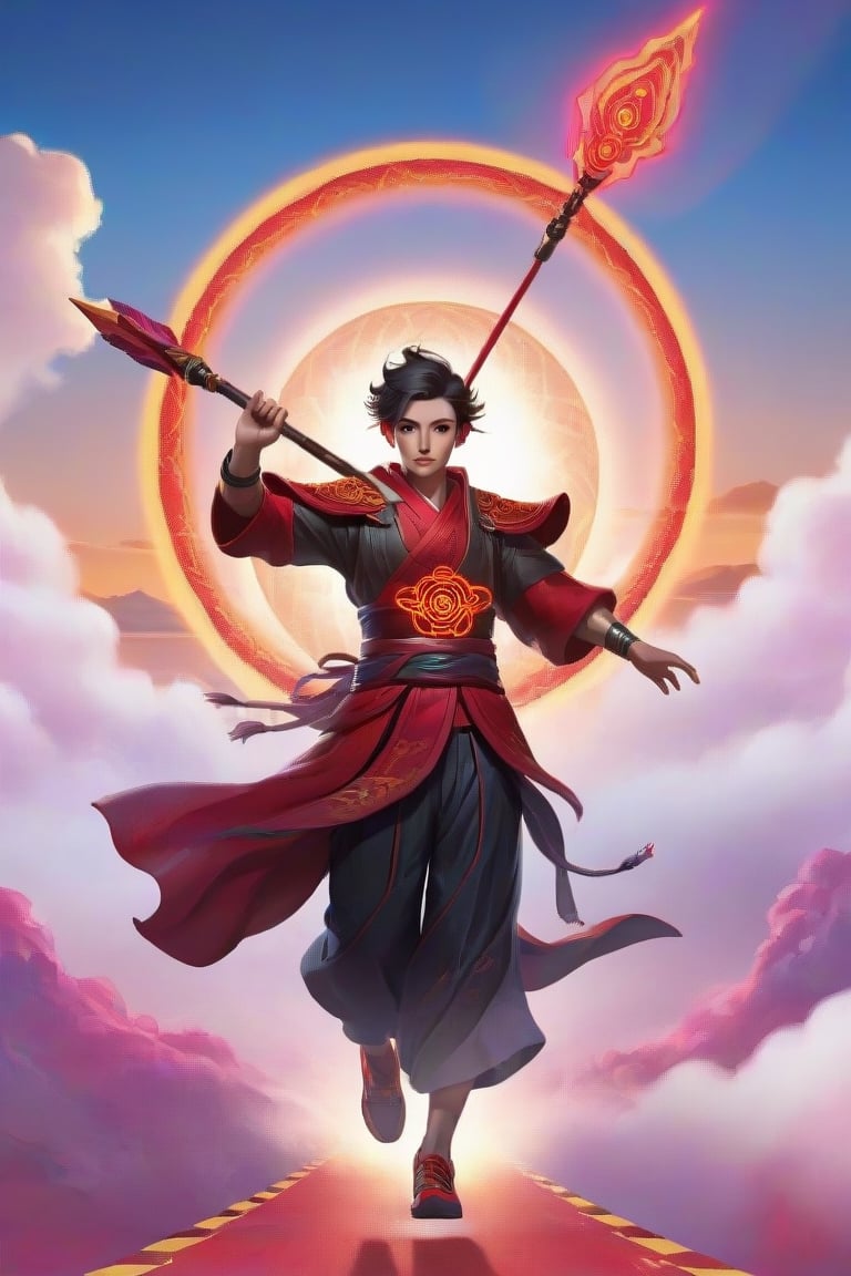  a little Chinese boy, short black hair, red light armor, walking on the clouds in the sky , right hand raised, (((holding flams metal long spear in his right hand))),  left hand across chest , circle,(((holding circle in his left hand))), sparks and surges, good and clear facial features, (((step hot wheels , red strips of cloth are flying around, red strips embrace his silhouette))), the background and feet are sea of the clouds, geometric pattern aperture behind him, cinematic, ultra realistic, （((light red aura flower of life as read geometry background))), frong_view, Sci-fi, Leonardo Style, high_mountain, glowing aura, light particles,magic circle, energy spiral, fantastic atmosphere, fantastic sense of light, bloom, Bioluminescent, liquid, ((rainbow_cloud))