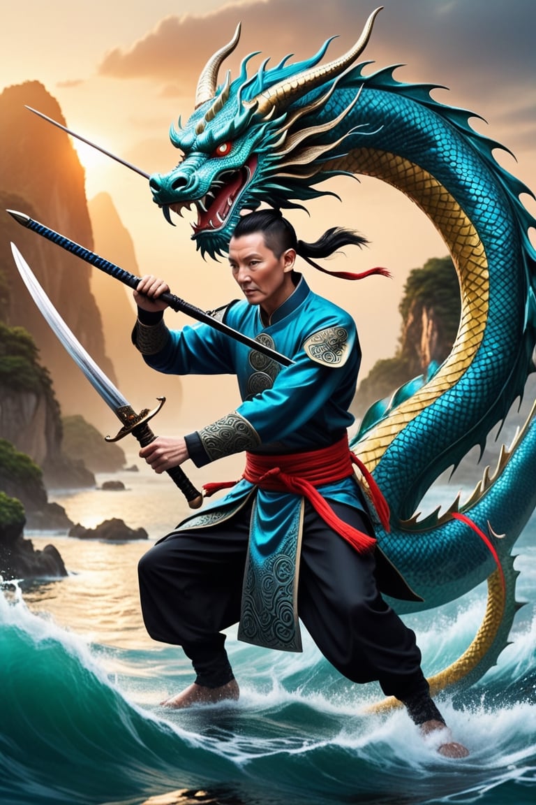 fighting posture, sea, a 28y man, with dragon ears and tail, Chinese style , action shot, drew a sword, highly detailed, psychedelic realism, vibrant colors, surreal, Holding a spear,Masterpiece, photo, 8k, darkart,CHINESE DRAGON,darkart,Stylish, facial details