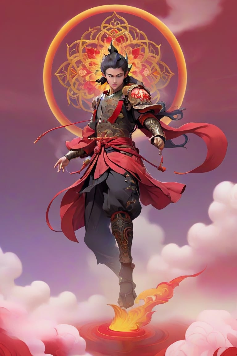 cinematic, ultra realistic, a little Chinese boy, short black hair, lighting as part of human body, red armor, ((holding weapon with spear on fire)), ((Wearing a golden circle from the left shoulder to the right side of the knee)), sparks and surges, good and clear facial features, (((light red aura flower of life as read geometry background))), ready to print, vibrant, Sci-fi, Leonardo Style, high_mountain, (step hot wheels), glowing aura, (red strips of cloth are flying around, red strips embrace his silhouette), light particles,magic circle, (floating_aura:1.4), energy spiral, fantastic atmosphere, fantastic sense of light, science fiction, bloom, Bioluminescent, liquid, floating_fragments:1.3, (depth_of_field:1.4), mythical clouds, ((rainbow_cloud))