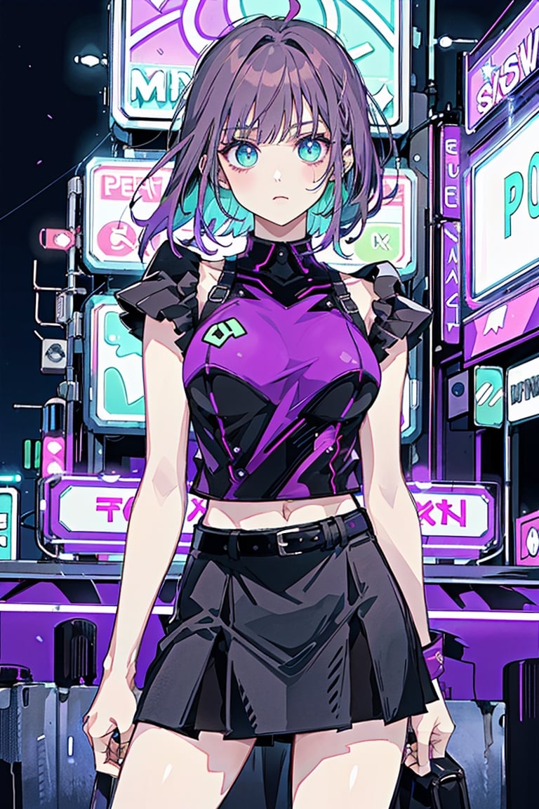 The image features a character with green eyes and dark hair, wearing a purple top and black skirt, standing against a backdrop of a wall with neon signs. The atmosphere is urban and nocturnal, illuminated by the purple glow of the neon lights.