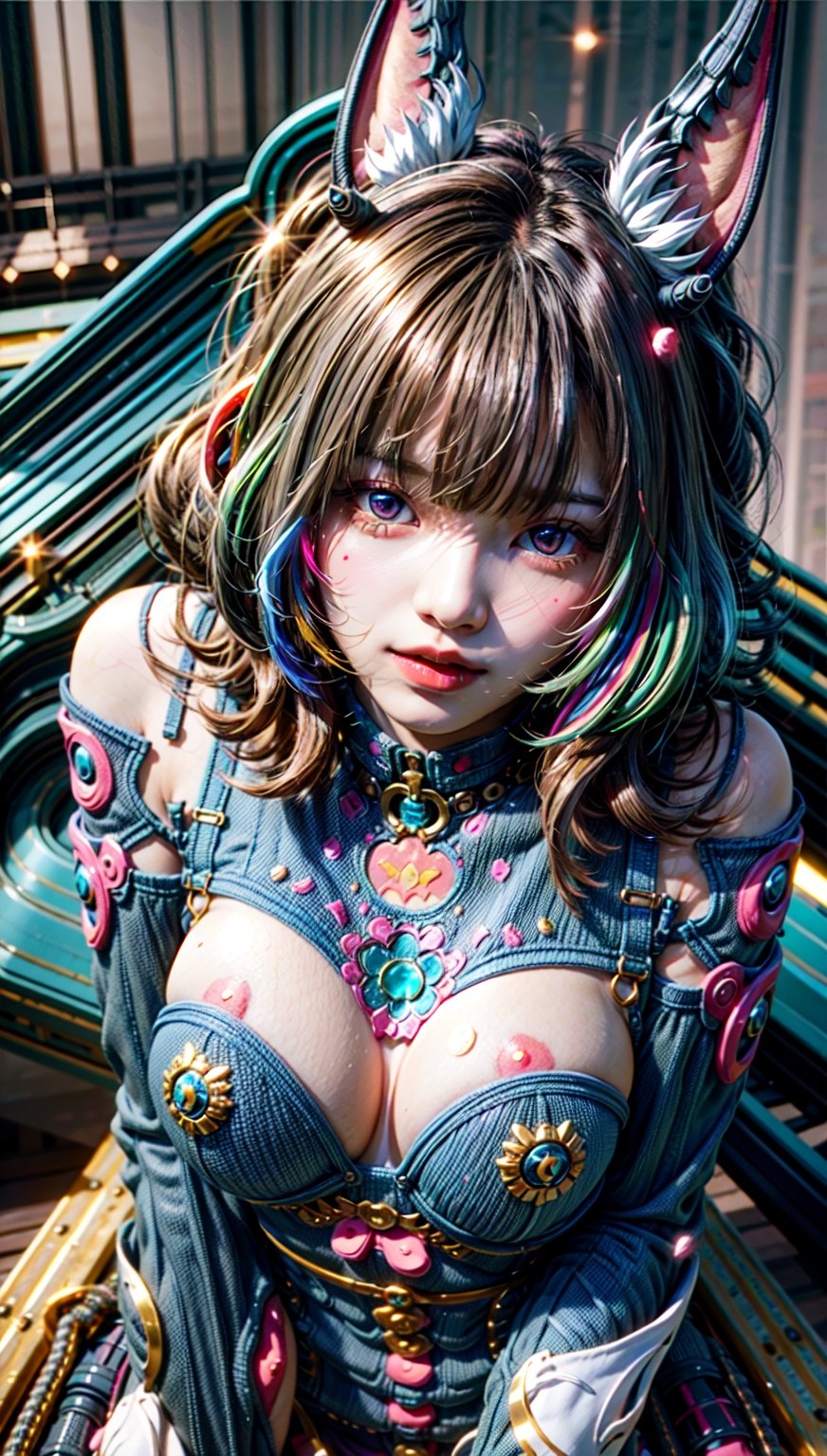 Beautiful women with cat like ears wearing a suit (bodysuit) that is a tight fit. medium breasts, slime thicc, multicolor eyes,, multicolor hair, 2 girls, perfect image unfolds with 8k resolution,mecha,midjourney