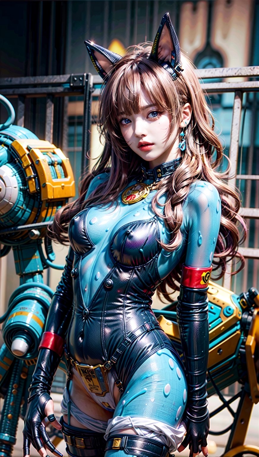 Beautiful women with cat like ears wearing a suit (bodysuit) that is a tight fit. medium breasts, slime thicc, multicolor eyes,, multicolor hair, 2 girls, perfect image unfolds with 8k resolution,mecha,midjourney