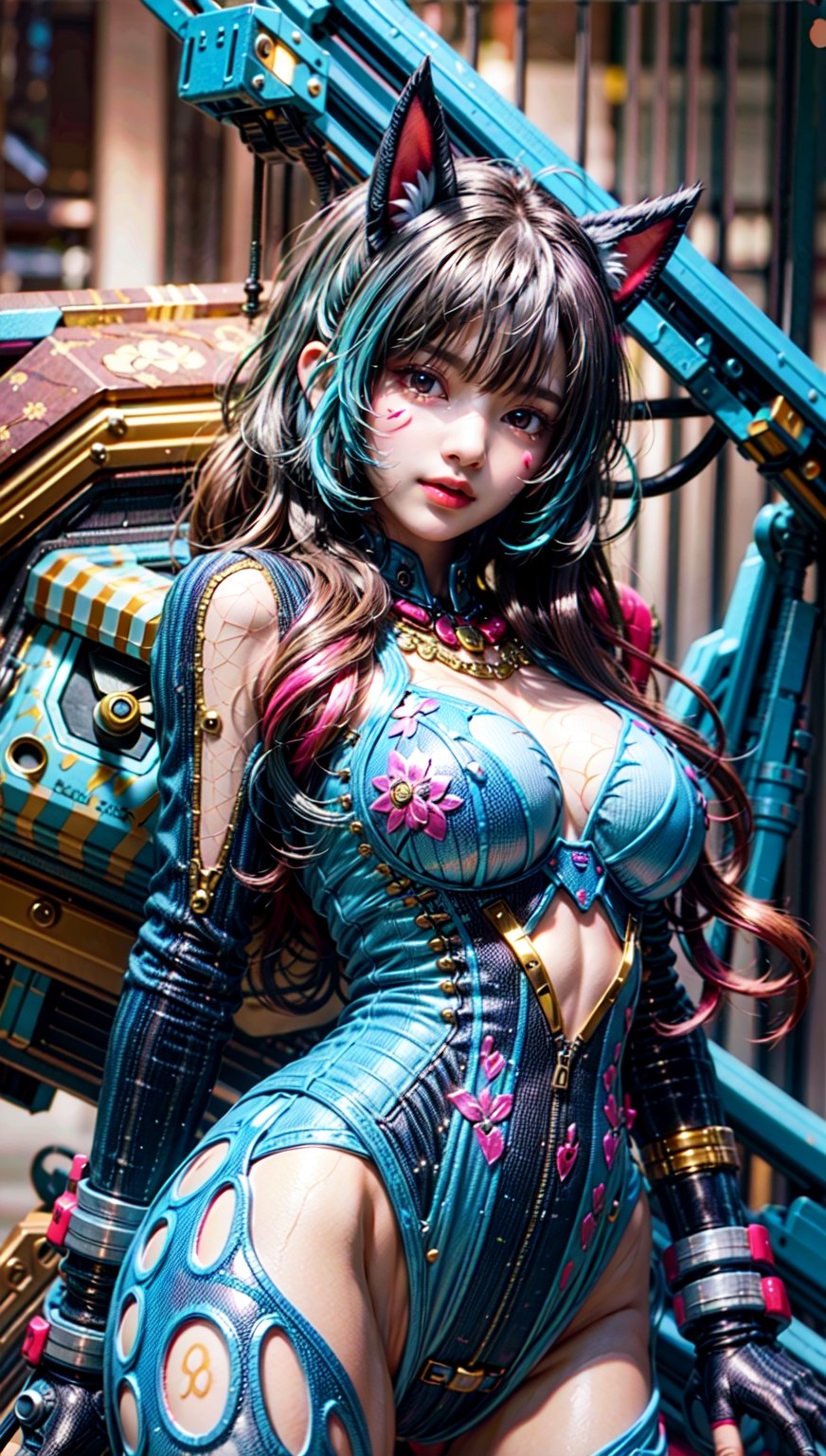 Beautiful women with cat like ears wearing a suit (bodysuit) that is a tight fit. medium breasts, slime thicc, multicolor eyes,, multicolor hair, 2 girls, perfect image unfolds with 8k resolution,mecha,midjourney