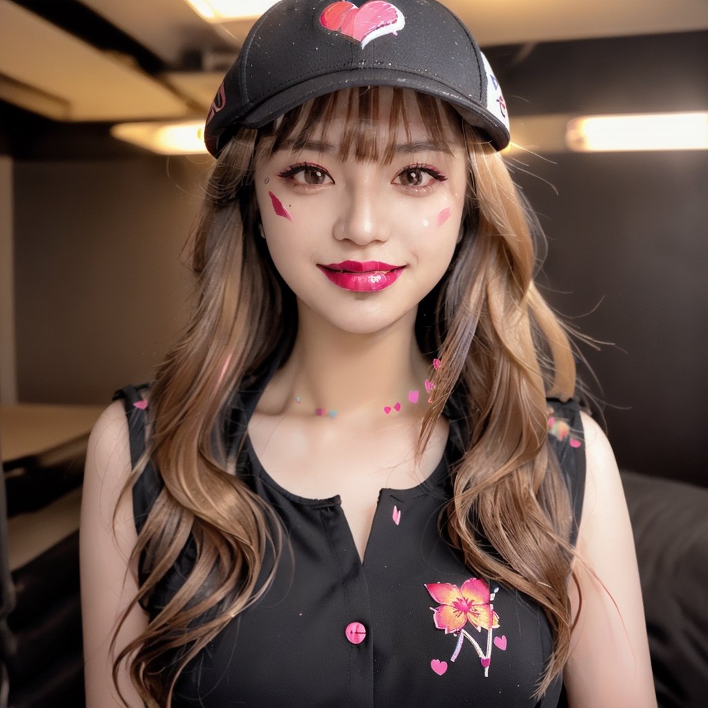 Create an image of a young Asian woman with long, golden blonde hair and straight bangs, wearing a black-framed baseball cap. She has colorful cartoon stickers on her face, including a smiley and a multicolored flower. Her eyes are accentuated with heavy makeup, featuring black mascara and eyeliner, along with red eyeshadow. Her lips are painted with a bright peach-pink lipstick. She is wearing a white shirt with a vibrant, colorful print on the collar, with a few buttons undone. In her left hand, she is holding a makeup brush, and there are no visible accessories on her fingers. The background is indoors and blurred due to the focus on her face. The image should mimic a social media interface, complete with indications of time, signal strength, battery status, and social media interaction buttons like hearts and comment icons