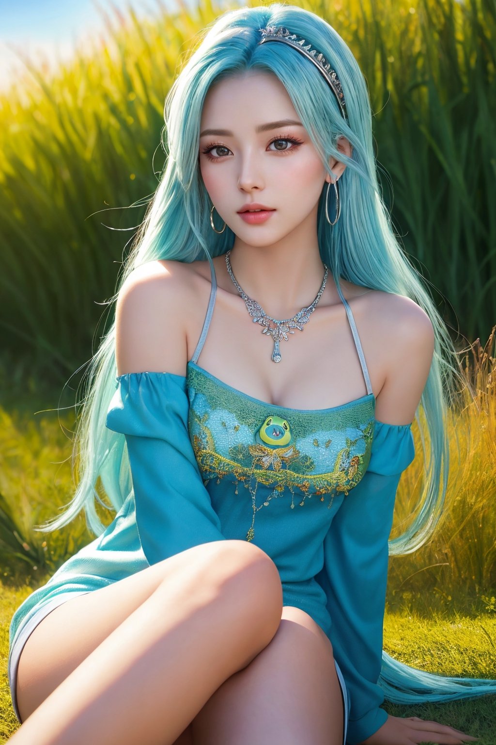 photorealistic, masterpiece, best quality, raw photo,medium distance, 1girl, solo, long hair, sky blue hair, detailed face, alluring face, long frog covering legs, medium breasts, sitting pose on red grass, looking upward at the sky,holding pencil in hand that touching lips,from below, detailed background, fine detailed, intricate detail,  ray tracing, depth of field, low key, silver necklace holding in mouth,hdr,Color Booster, 