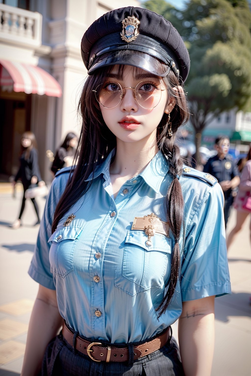 (((masterpiece))),(((long eyelashes and eyeliner))),(((beautiful))),(((ultra realistic)))





1girl,long hair,breasts,looking at viewer,blue eyes,brown hair,shirt,hat,white shirt,braid,outdoors,parted lips,solo focus,collared shirt,belt,blurry,huge breasts,uniform,twin braids,lips,blurry background,sunglasses,pocket,pouch,realistic,round eyewear,breast pocket,tinted eyewear,badge,police,police uniform,impossible shirt,policewoman,looking over eyewear,aviator sunglasses