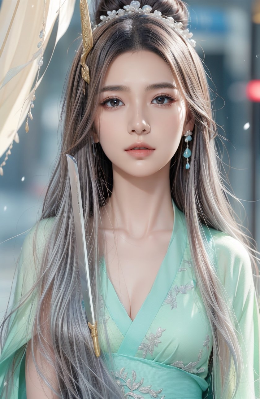 The background is midnight sky,big blue moon,dark night,snow blowing,16 yo, 1 girl,sword,halo,shining bracelet,beautiful hanfu(white, transparent),cape, cloth blowing in wind, solo, {beautiful and detailed eyes}, calm expression, natural and soft light, delicate facial features, cute japanese idol, very small earrings, ((model pose)), Glamor body type, (silver hair:1.2),  beehive,big bun,very_long_hair, hair past hip, curly hair, flim grain, realhands, masterpiece, Best Quality, photorealistic, ultra-detailed, finely detailed, high resolution, perfect dynamic composition, beautiful detailed eyes, eye smile, ((nervous and embarrassed)), sharp-focus, full_body, sexy pose,