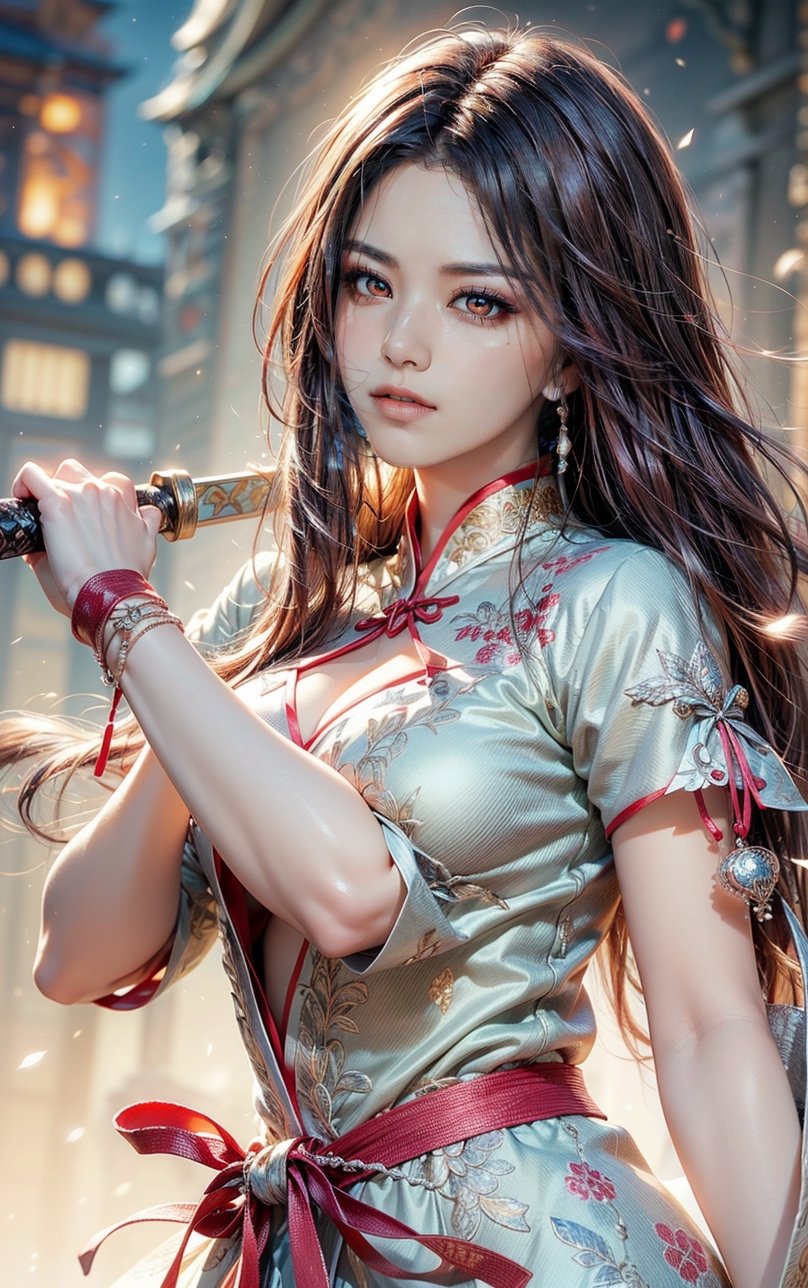 GIRL WARRIOR, best quality, masterpiece, beautiful and aesthetic, 16K, (HDR:1.4), high contrast, (vibrant color:0.5), (muted colors, dim colors, soothing tones:1.3), Exquisite details and textures, cinematic shot, Cold tone, (Dark and intense:1.2), wide shot, ultra realistic illustration, siena natural ratio, Art by Luis Royo and Gustave Moreau, (MARTIAL ART POSE:1.4)
(extreamly delicate and beautiful:1.2), (tmasterpiece, best:1.2), (LONG WHITE HAIR GIRL), (PERFECT SYMMETRICAL RED EYES:1.3), a long_haired girl, cool and determined, evil gaze, (wears red and white hanfu:1.2), (holding sword, figthing attacking pose:1.4) and intricate detailing, finely eye and detailed face, Perfect eyes, Equal eyes, Fantastic lights and shadows、finely detail,Depth of field,,cumulus,wind,insanely NIGHT SKY,very long hair,Slightly open mouth, long SILVER-WHITE hair,slender waist,,Depth of field, angle ,contour deepening,cinematic angle ,Enhance YEN2