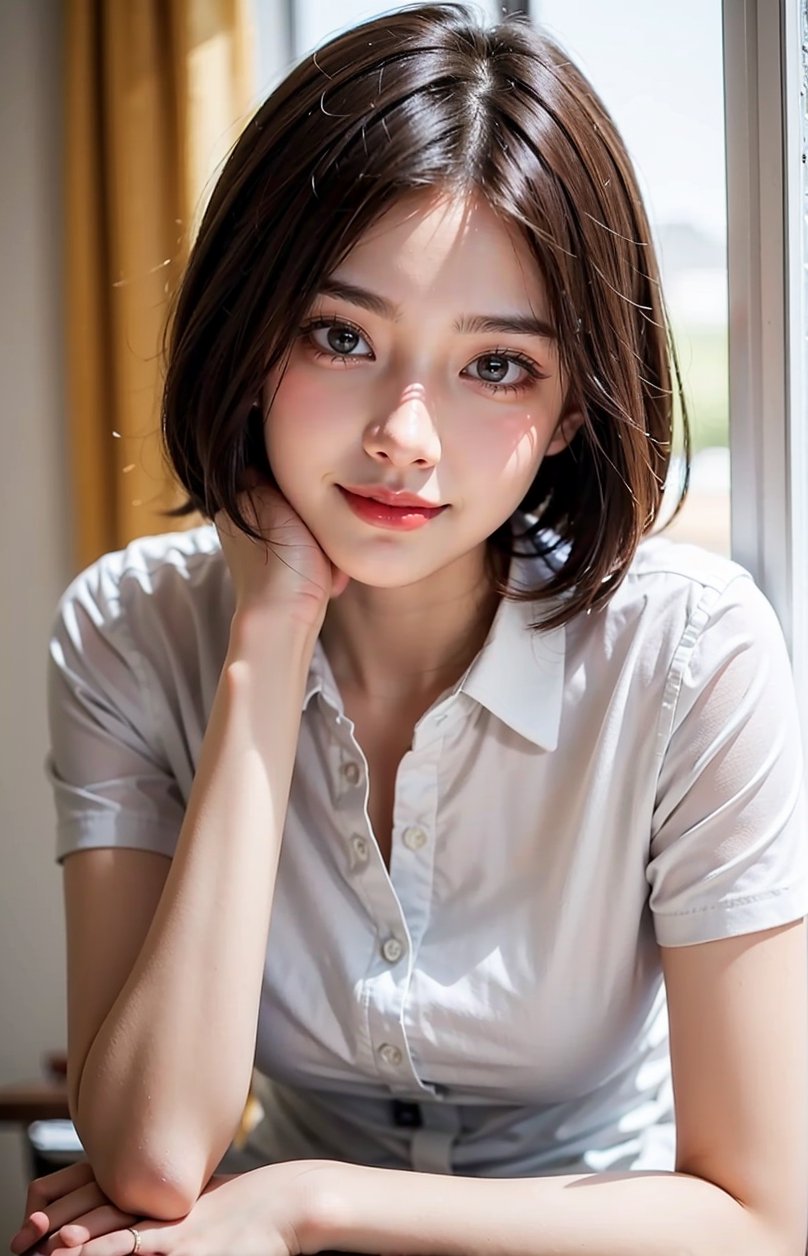 1girl, solo, looking at viewer, delicate face, beautiful face, smile, short hair, brown hair, shirt, brown eyes, white shirt, upper body, lips, head rest, realistic,Cute