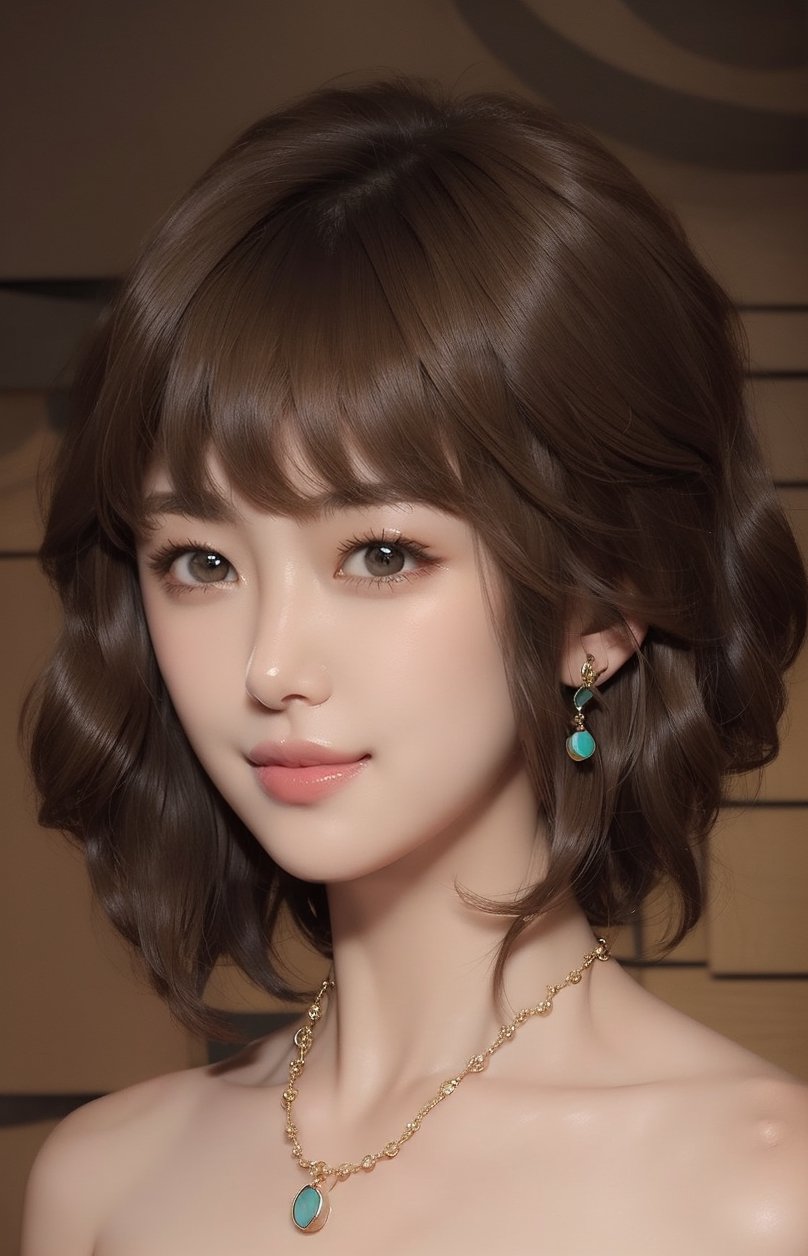 1girl, solo, looking at viewer, short hair, bangs, simple background, brown hair, bare shoulders, brown eyes, jewelry, collarbone, upper body, nude, breasts, earrings, necklace, lips, portrait, realistic, nose, smile,VIVI2