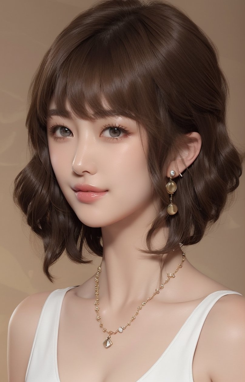 1girl, solo, looking at viewer, short hair, bangs, simple background, brown hair, bare shoulders, brown eyes, jewelry, collarbone, upper body, nude, breasts, earrings, necklace, lips, portrait, realistic, nose, smile,VIVI2