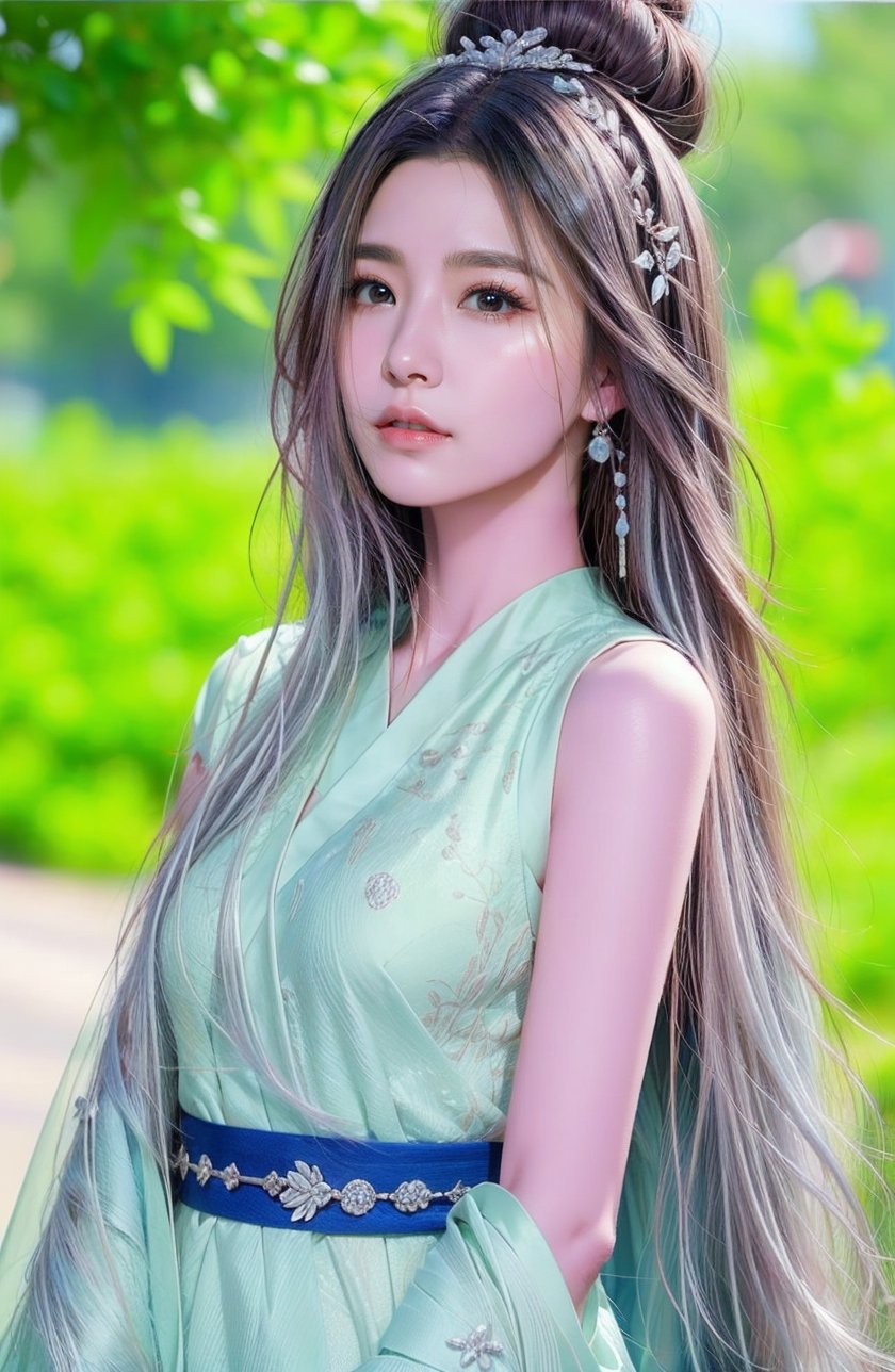 The background is midnight sky,big blue moon,dark night,snow blowing,16 yo, 1 girl,sword,halo,shining bracelet,beautiful hanfu(white, transparent),cape, cloth blowing in wind, solo, {beautiful and detailed eyes}, calm expression, natural and soft light, delicate facial features, cute japanese idol, very small earrings, ((model pose)), Glamor body type, (silver hair:1.2),  beehive,big bun,very_long_hair, hair past hip, curly hair, flim grain, realhands, masterpiece, Best Quality, photorealistic, ultra-detailed, finely detailed, high resolution, perfect dynamic composition, beautiful detailed eyes, eye smile, ((nervous and embarrassed)), sharp-focus, full_body, sexy pose,