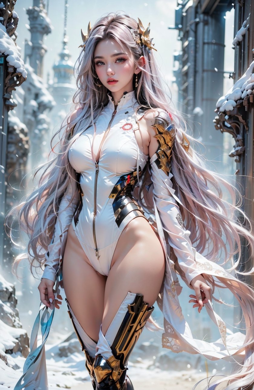 half body view,look from bottom to top , {{{masterpiece}}}, {{{best quality}}}, {{{ultra-detailed}}}, {cinematic lighting}, {illustration}, 1girl,white BODYSUIT,((white SKIN TIGHT)),Cyberpunk,(silver hair:1.2), very_long_hair, hair past hip,white plug bodysuit,hourglass figure,sexy pose,leaning,very big breasts,bodysuit,dark ambience,high key light,skin tight,big breasts,skirt,snowing street,xxmixgirl,blue very blue long hair,panty,Anigame ,Nice legs and hot body