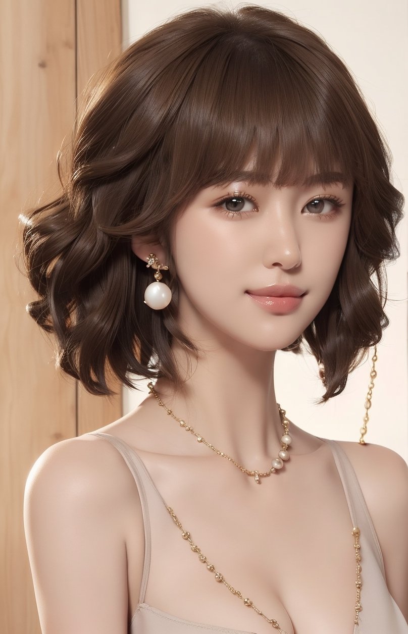 1girl, solo, looking at viewer, short hair, bangs, simple background, brown hair, bare shoulders, brown eyes, jewelry, collarbone, upper body, nude, breasts, earrings, necklace, lips, portrait, realistic, nose, smile,VIVI2