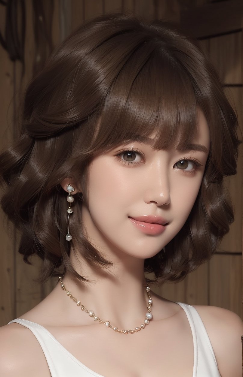 1girl, solo, looking at viewer, short hair, bangs, simple background, brown hair, bare shoulders, brown eyes, jewelry, collarbone, upper body, nude, breasts, earrings, necklace, lips, portrait, realistic, nose, smile,VIVI2