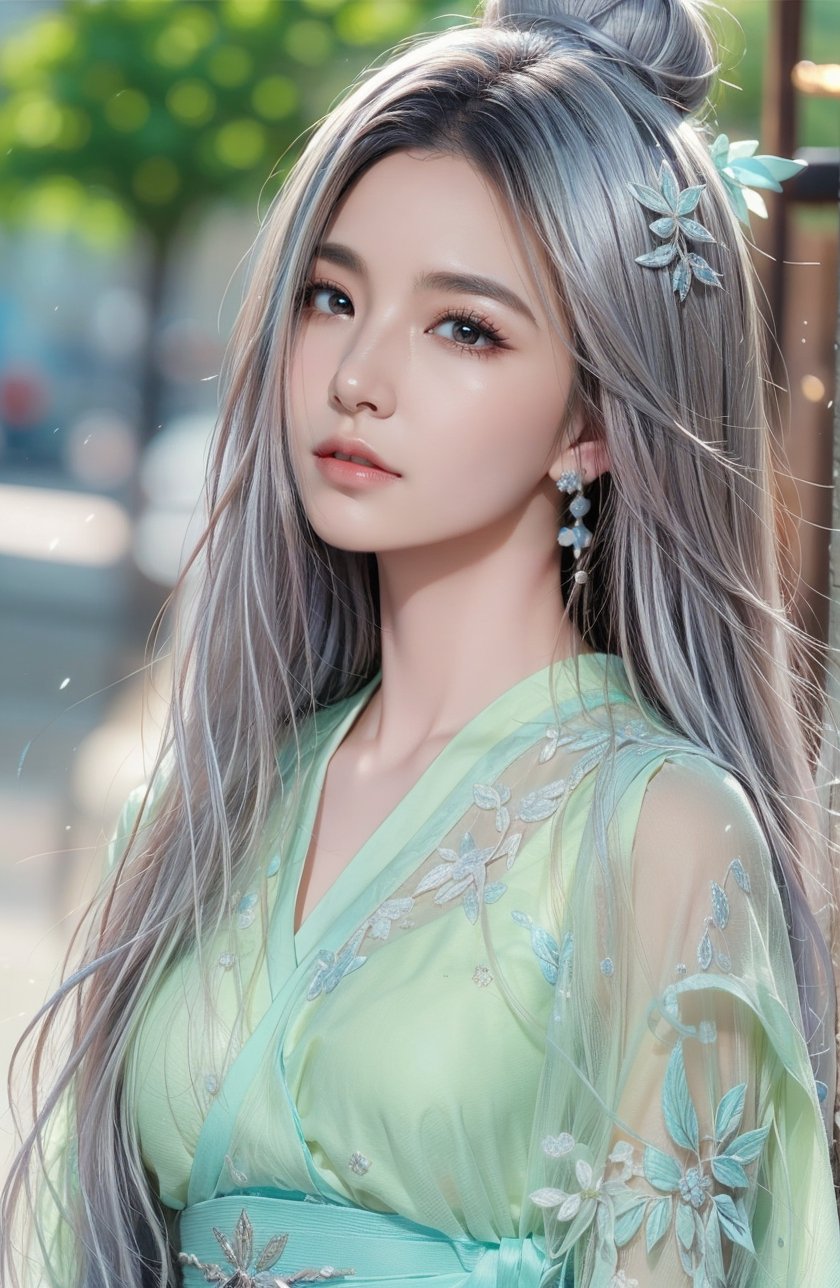 The background is midnight sky,big blue moon,dark night,snow blowing,16 yo, 1 girl,sword,halo,shining bracelet,beautiful hanfu(white, transparent),cape, cloth blowing in wind, solo, {beautiful and detailed eyes}, calm expression, natural and soft light, delicate facial features, cute japanese idol, very small earrings, ((model pose)), Glamor body type, (silver hair:1.2),  beehive,big bun,very_long_hair, hair past hip, curly hair, flim grain, realhands, masterpiece, Best Quality, photorealistic, ultra-detailed, finely detailed, high resolution, perfect dynamic composition, beautiful detailed eyes, eye smile, ((nervous and embarrassed)), sharp-focus, full_body, sexy pose,