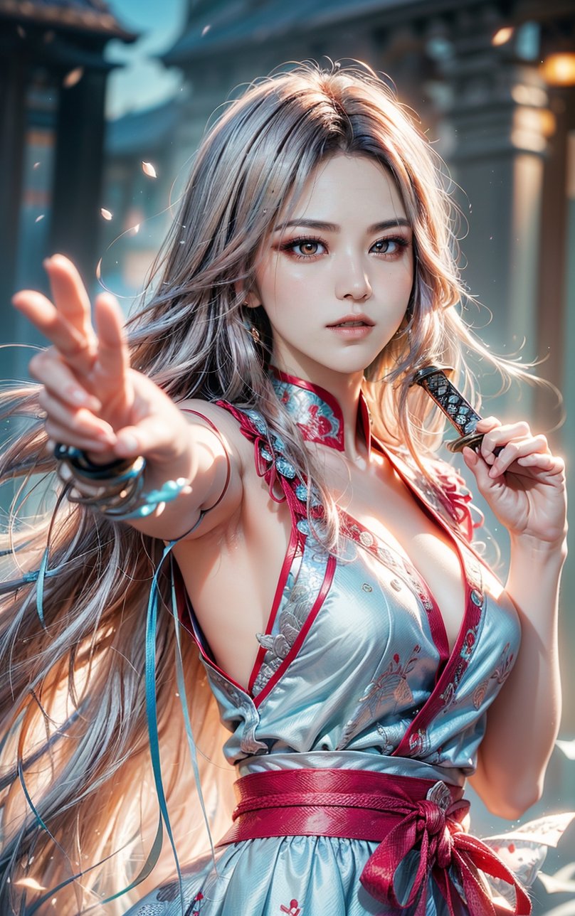 GIRL WARRIOR, best quality, masterpiece, beautiful and aesthetic, 16K, (HDR:1.4), high contrast, (vibrant color:0.5), (muted colors, dim colors, soothing tones:1.3), Exquisite details and textures, cinematic shot, Cold tone, (Dark and intense:1.2), wide shot, ultra realistic illustration, siena natural ratio, Art by Luis Royo and Gustave Moreau, (MARTIAL ART POSE:1.4)
(extreamly delicate and beautiful:1.2), (tmasterpiece, best:1.2), (LONG WHITE HAIR GIRL), (PERFECT SYMMETRICAL RED EYES:1.3), a long_haired girl, cool and determined, evil gaze, (wears red and white hanfu:1.2), (holding sword, figthing attacking pose:1.4) and intricate detailing, finely eye and detailed face, Perfect eyes, Equal eyes, Fantastic lights and shadows、finely detail,Depth of field,,cumulus,wind,insanely NIGHT SKY,very long hair,Slightly open mouth, long SILVER-WHITE hair,slender waist,,Depth of field, angle ,contour deepening,cinematic angle ,Enhance YEN2