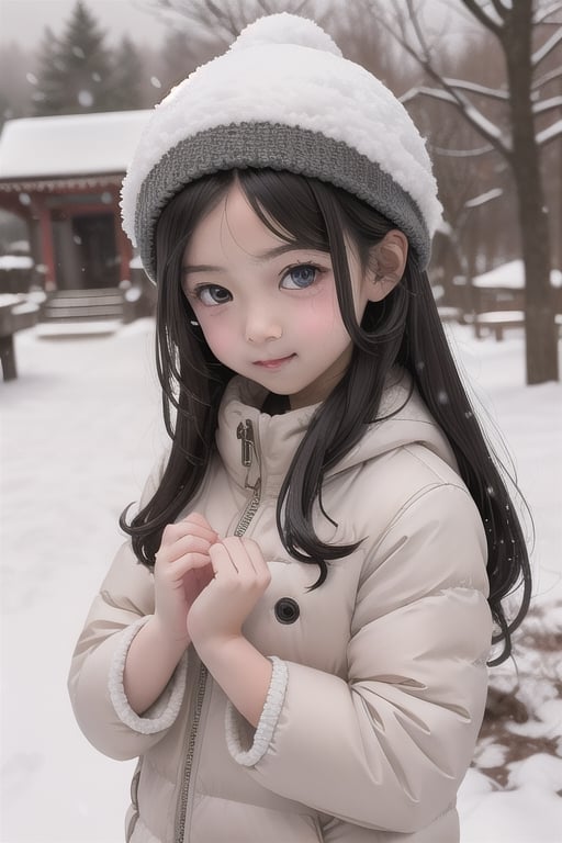 shrine,snowfall,1girl,10 years old,black long hair,big eyes,small month,happy,perfect,