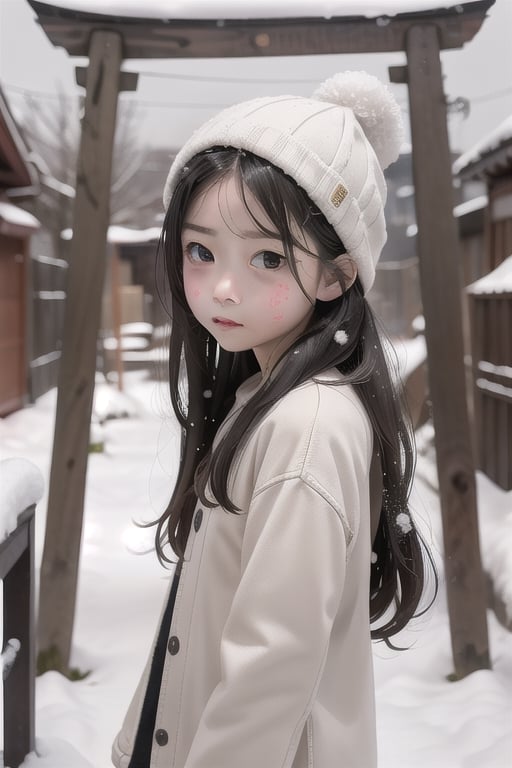 shrine,snowfall,1girl,10 years old,black long hair,big eyes,small month,lonely facial expressions,