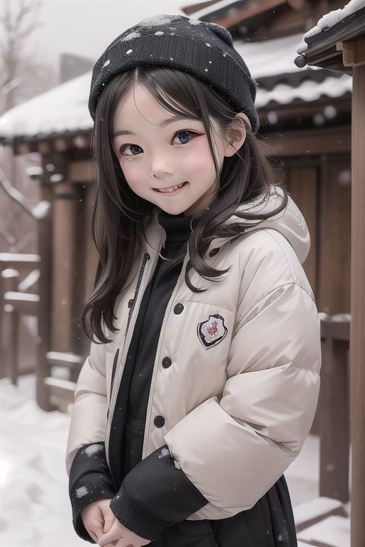 shrine,snowfall,1girl,10 years old,black long hair,big eyes,small month,lonely facial expressions,smile,perfect,