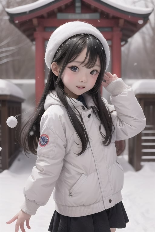 shrine,snowfall,1girl,10 years old,black long hair,big eyes,small month,Ecstatic,perfect,