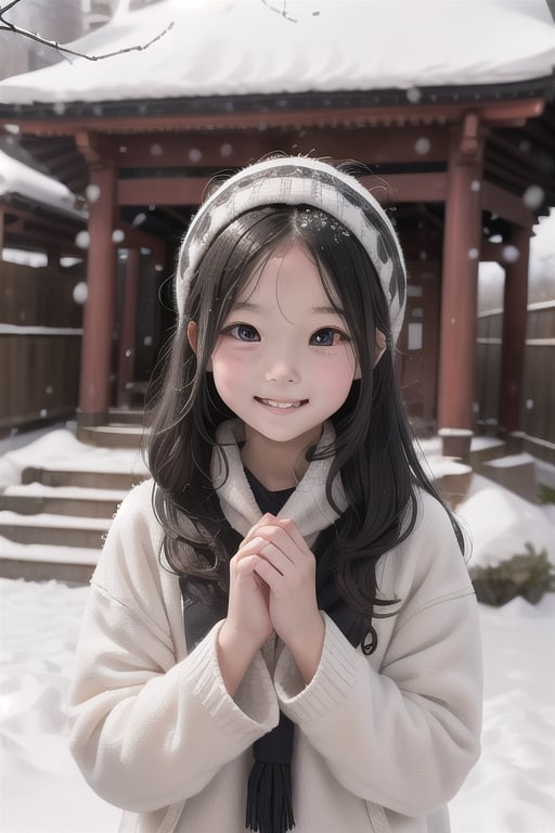 shrine,snowfall,1girl,10 years old,black long hair,big eyes,small month,lonely facial expressions,smile,perfect,