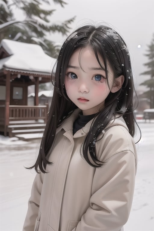 shrine,snowfall,1girl,10 years old,black long hair,big eyes,small month,lonely facial expressions,angely,perfect,