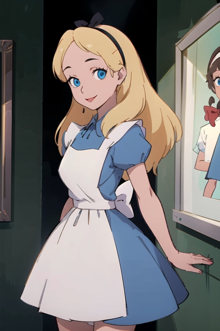 (masterpiece:1.4), (best qualit:1.4), (high resolution:1.4), alice liddell, blue dress, white apron, black hairband, smile, looking at viewer, alice liddell,alicew