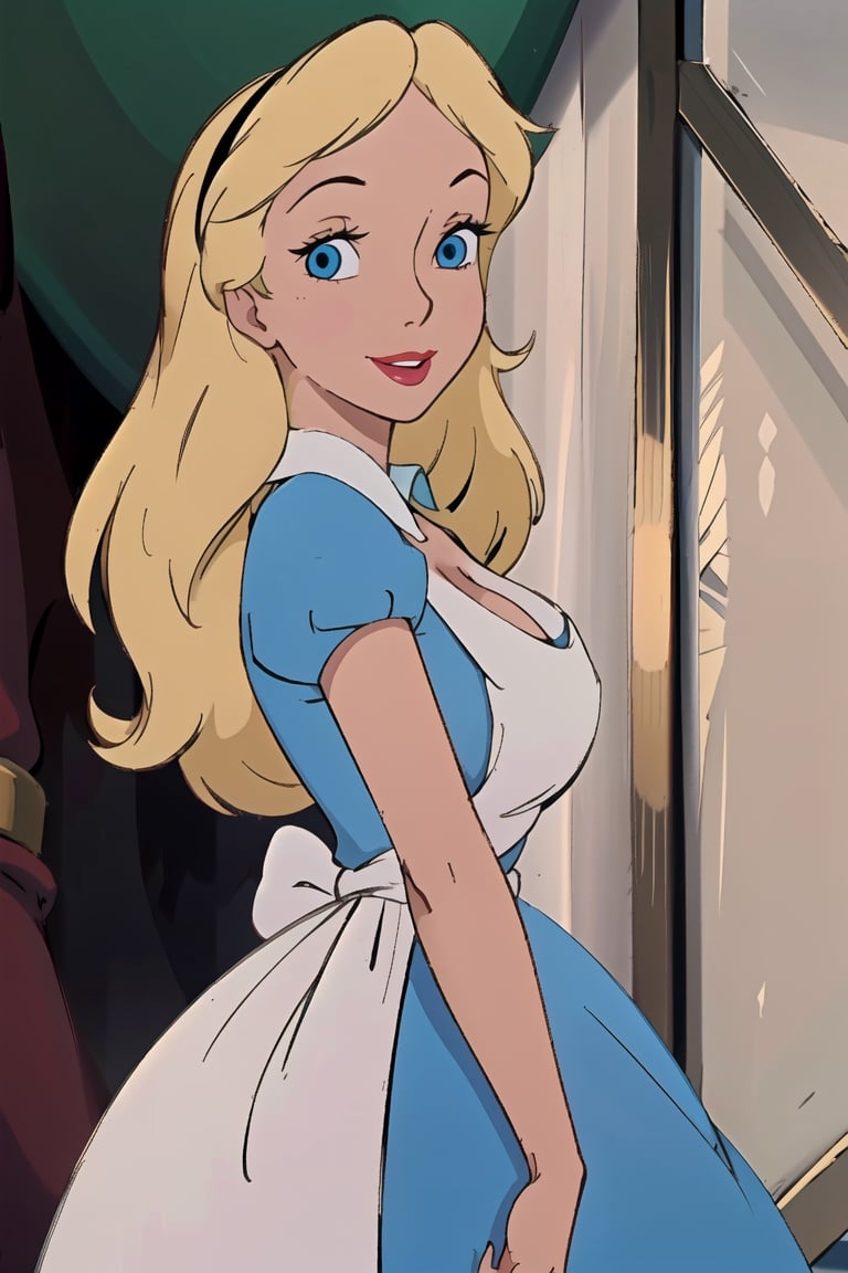 MILF, big boobs, big butt, big ass, big thigh, short shorts, white shirt, long pale blond hair, show cleavage,

adult, 30 years old, (masterpiece:1), (best qualit:1), (high resolution:1), alice liddell, blue dress, white apron, black hairband, smile, looking at viewer, alice liddell,alicew,Milf,mature female,Disneystyler