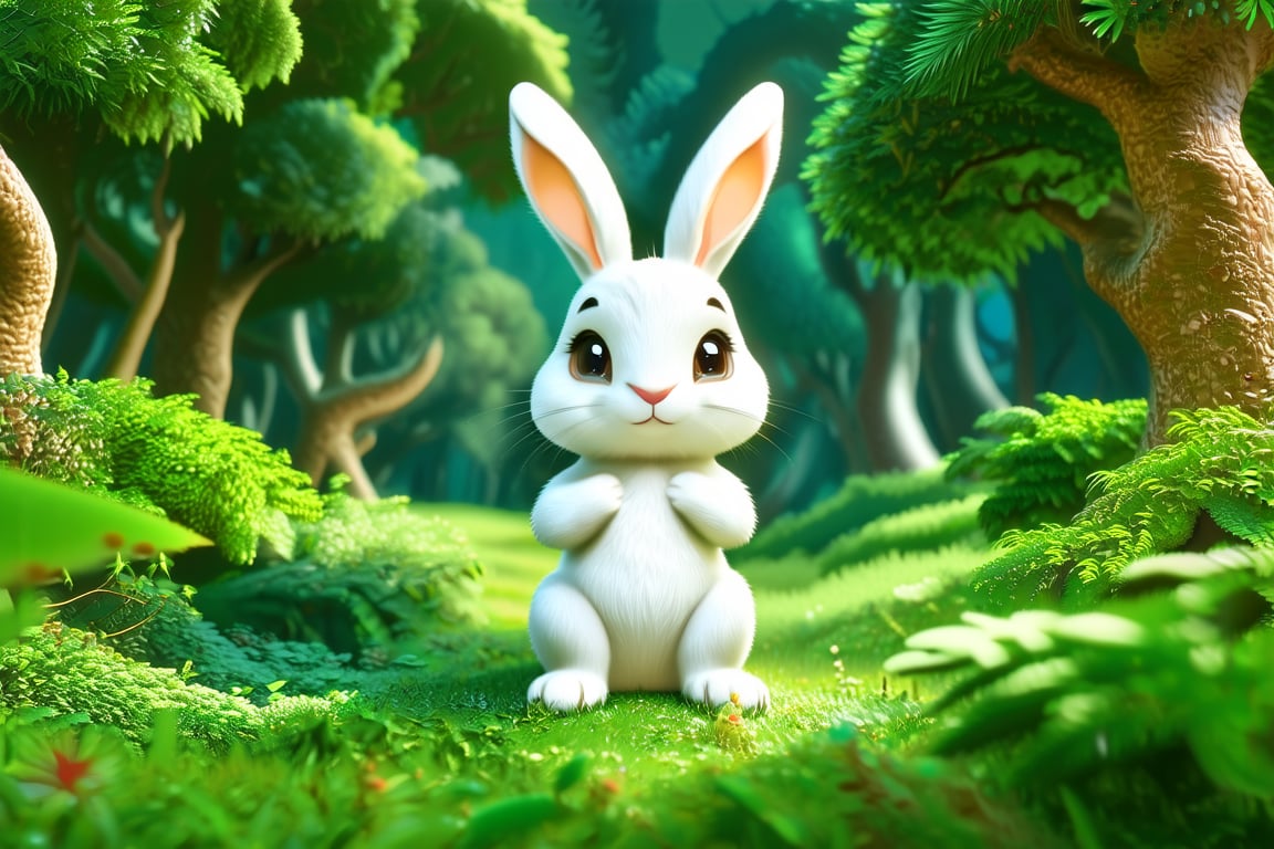 3D render of Kids cartoon cute, The little white rabbit is nervous, in the middle of a dense forest, trees and bushes all around, the rabbit is looking around with a slightly nervous look.