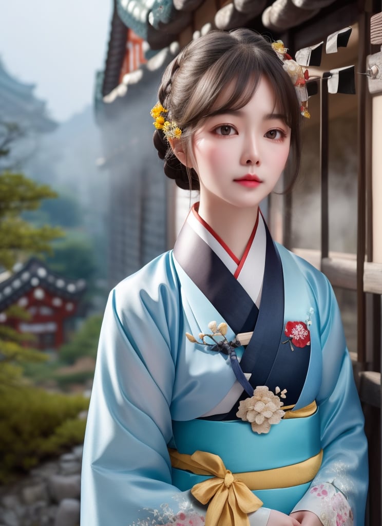 1 lady with beautiful face, wearing hanbok, elegant posture, standing in traditional korea village, stone road, traditional architecture, trees, mist, slating shado, (solo:1.2), (upper body), masterpieces, best quality, high resolution, (bright scene:1.3), soft color, dark background, blurred background 