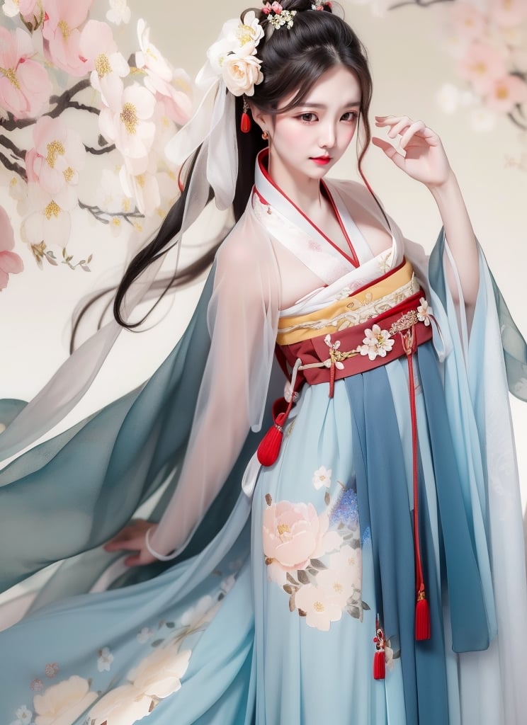 1 (slim:1.4) traditional beauty, elegant, charming, wearing (hanfu), (breast-high ru skirt:1.2), warm color dressing style, sheer, look through, black hair, delicate accessory, (solo:1.5), (close look:1.1), masterpieces, best quality, high resolution, bright scene, soft color, low contrast, (ink painting floral background:1.3), (blurred background, Chinese background:1.2), ru skirt,