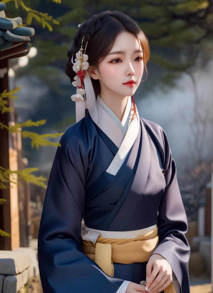 1 lady with beautiful face, wearing hanbok, elegant posture, standing in traditional korea village, stone road, traditional architecture, trees, (mist), slating shado, (solo:1.2), (upper body), masterpieces, best quality, high resolution, bright scene, soft color, dark background, blurred background 