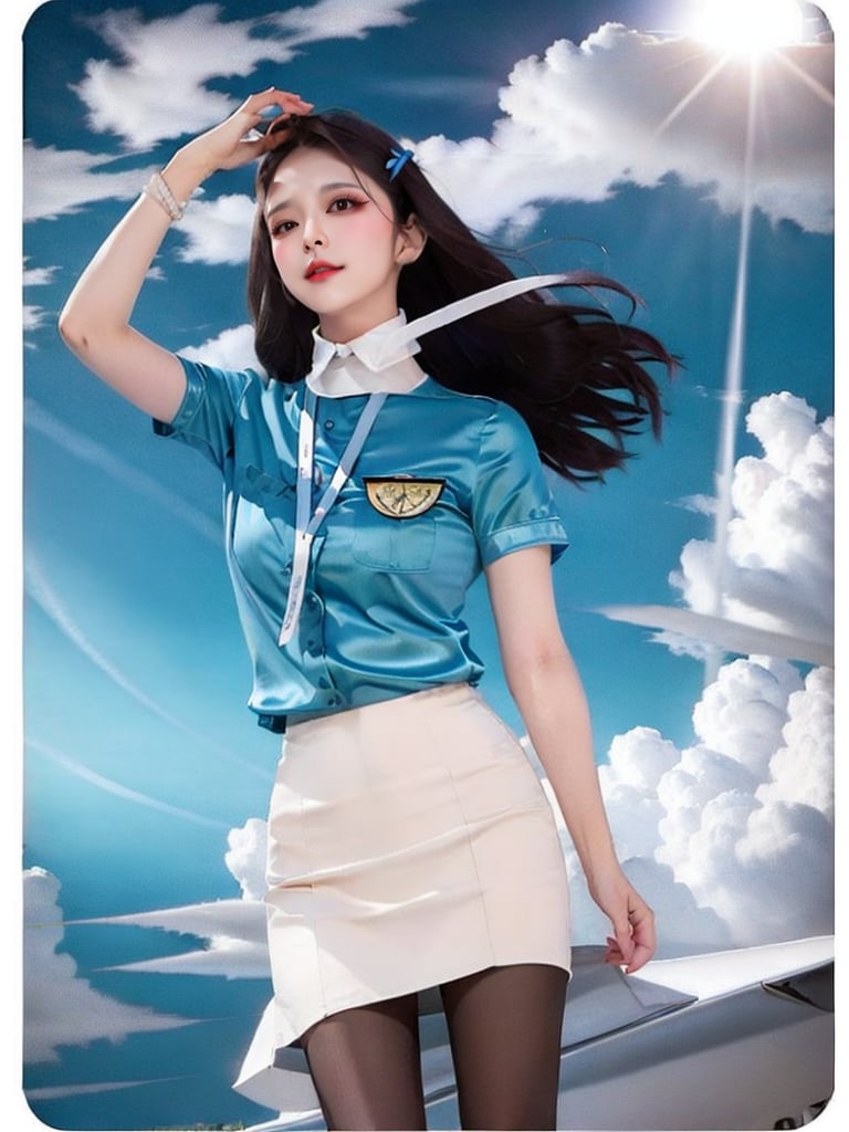 1 slim lady with beautiful face, long hair, black hair, wearing blue (stain) shirt and white pencil skirt, silk scarf, name tag, flight badge, hairpin, standing, black pantyhose, from below, sunlight, high contrast, outdoor, cloud, (airplane above:0.9), wind, 