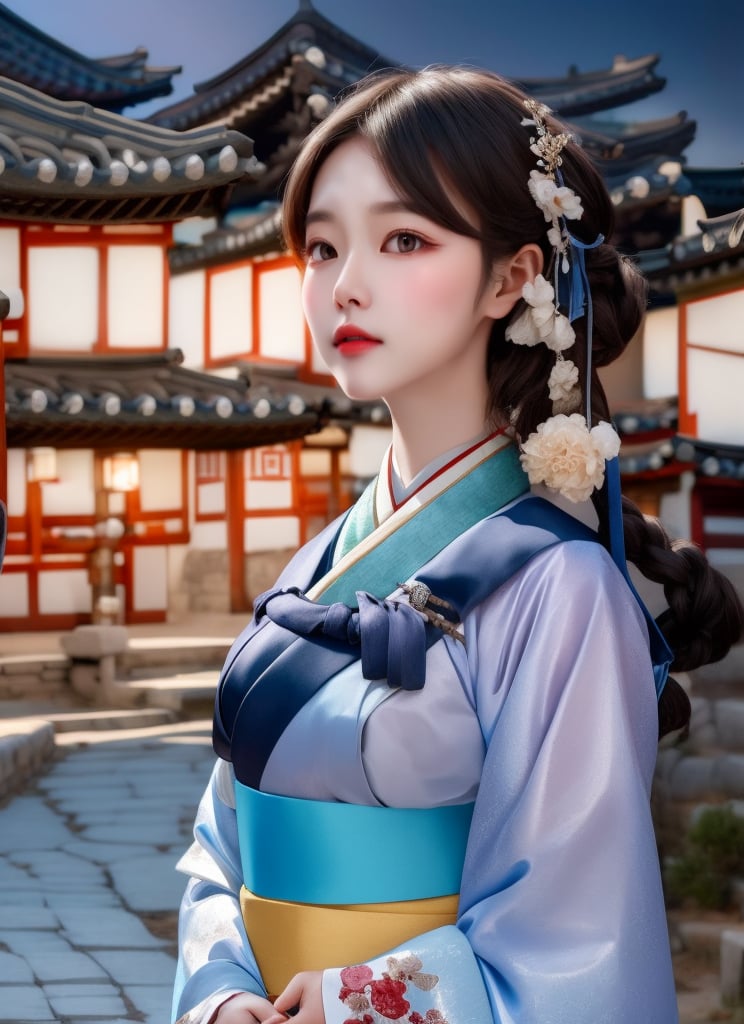 1 lady with beautiful face, wearing hanbok, elegant posture, standing in traditional korea village, real world, slate road, traditional architecture, trees, dusk, shado,  (solo:1.2), (upper body), masterpieces, best quality, high resolution, (bright scene:1.3), soft color, dark background, blurred background 