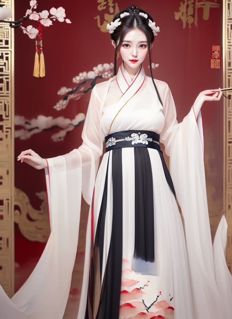 1 (slim:1.4) traditional beauty, elegant, charming, wearing (hanfu), (breast-high ru skirt:1.2), warm color dressing style, sheer, look through, black hair, delicate accessory, (solo:1.5), masterpieces, best quality, high resolution, bright scene, soft color, low contrast, (ink painting palace background:1.7), (blurred background, Chinese background:1.2), ru skirt,