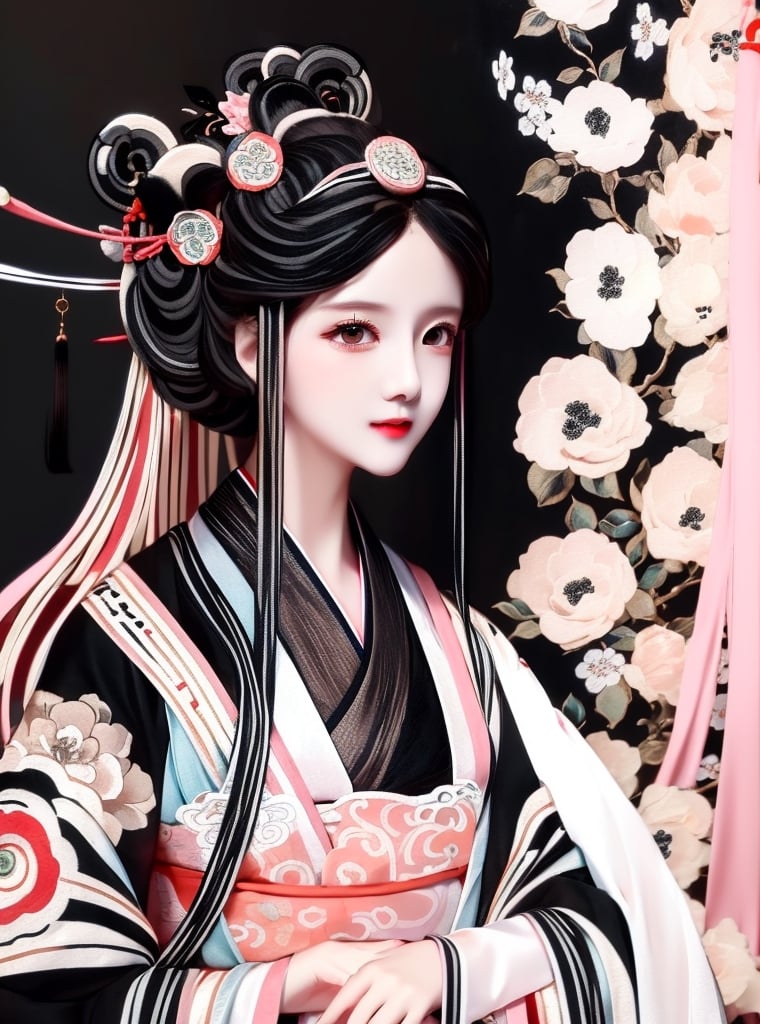 1 (slim:1.4) traditional beauty, elegant, charming, wearing (hanfu:1.2), (pink color dressing) style, sheer, look through, (black hair:1.9), (solo:1.3) with head, masterpieces, best quality, high resolution, bright scene, soft color, low contrast, (ink painting floral background), (blurred background),