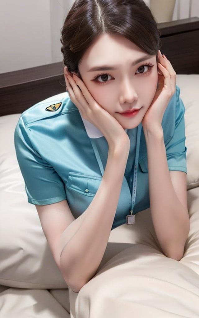 1 slim lady with beautiful face, (hair over shoulder), wearing blue (stain) shirt and white pencil skirt, silk scarf, flight badge, lying on bed, rest head, hands on own face, pillow, night, in hotel room